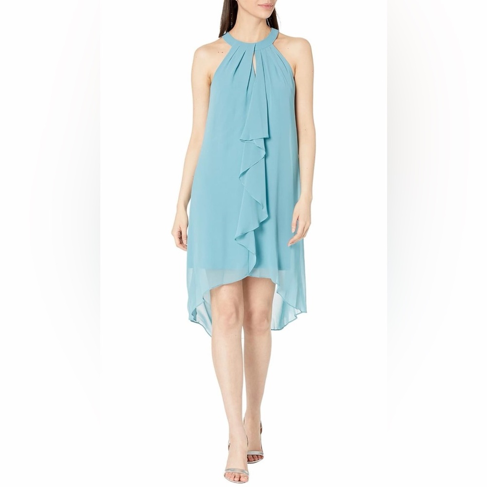 Adrianna Papell Stretch Jersey Halter Neck Dress with Chiffon Ruffle Overlay